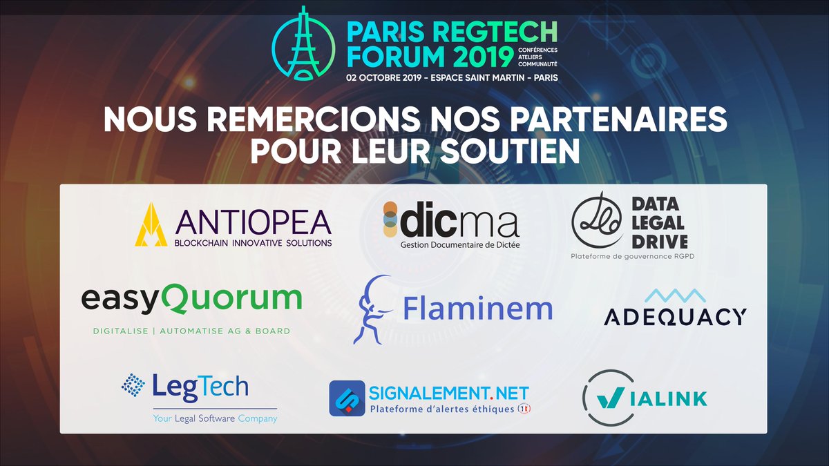 Le #PRF2019, c'est fini ! - Nous remercions <a href="/Antiopea_BIS/">Antiopea</a>, <a href="/DicmaSA/">Dicma</a> , <a href="/DataLegalDrive/">Data Legal Drive - EQS Group</a>, @easyquorum, <a href="/Flaminem/">Flaminem</a>, <a href="/infhotep/">Infhotep</a>, <a href="/adequacy_app/">Adequacy</a>, <a href="/LegTech/">LegTech</a>, <a href="/Signalement_Net/">SIGNALEMENT.NET</a>, @VialinkFR, @HoganLovellsFR pour leur soutien, leur présence et leur expertise #Regtech