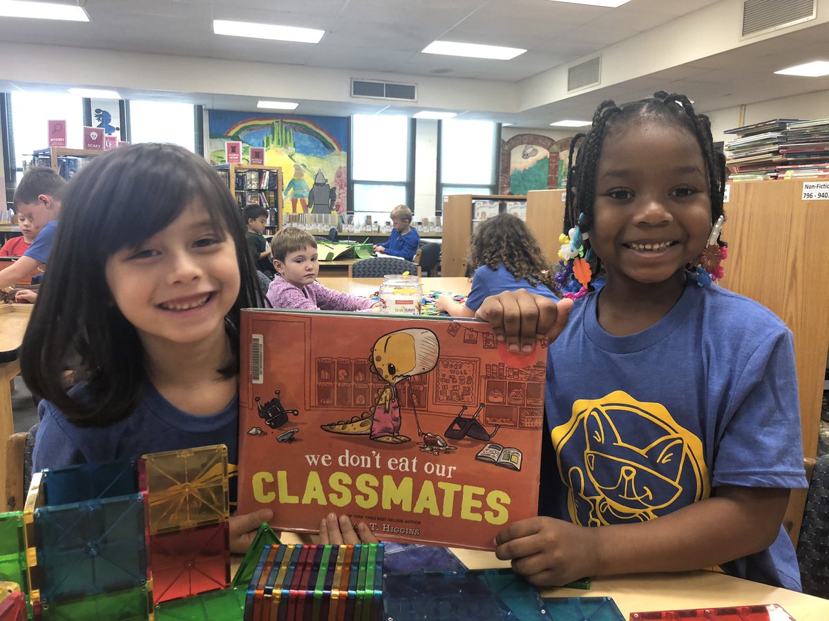 What does it mean to belong? We read We Don’t Eat Our Classmates by <a href="/ryant_higgins/">Ryan T. Higgins</a> to see how this little T-Rex belongs with Mrs. Noodleman’s class! #oakpark97 #libraries97 #whittierschool97