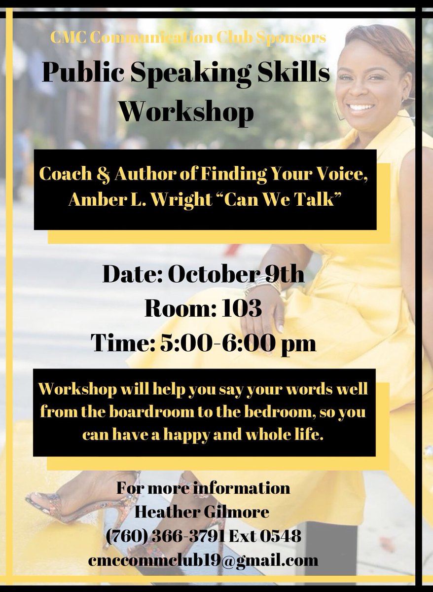 comm_cmc's tweet photo. Join Us for a special workshop with Speaker, Educator, and Life Coach, Ms. Amber Wright.
Save The Date...October 9th from 5-6pm in Room 103
This will be a Workshop via Zoom @coppermountainc #cmc19 #cmcic19 #publicspeaking https://t.co/vUi7OmyuSV