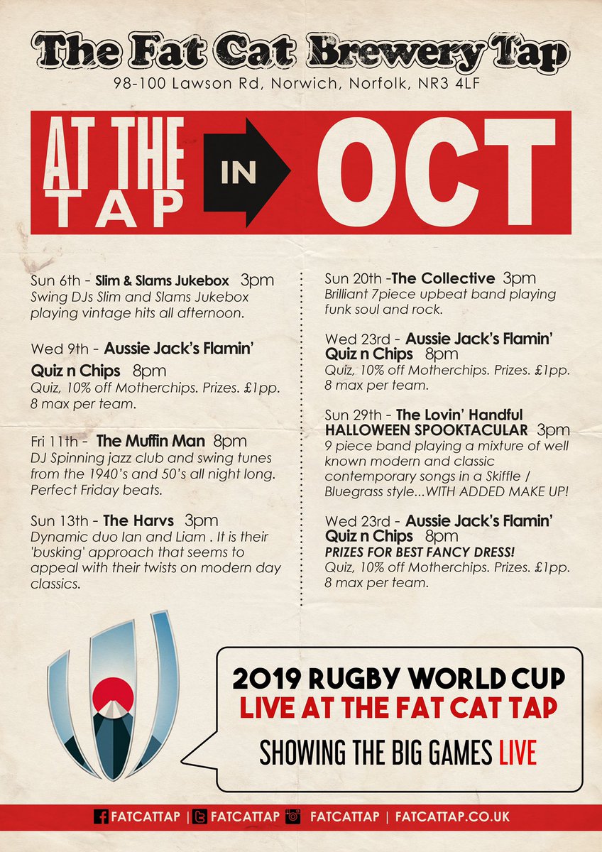 October at The Tap! Full of Live Music, World Cup Rugby, Aussie Jack’s Quizzes AND <a href="/Motherchips/">Motherchip</a> are launching a NEW MENU! #woohoo <a href="/TheLovinHandful/">The Lovin' Handful</a> @InnerCityD <a href="/collectivelive/">The Collective</a>  #norwichpub #norwichgigs #norwichfoodies #nr3 #livemusic #RugbyWorldCup