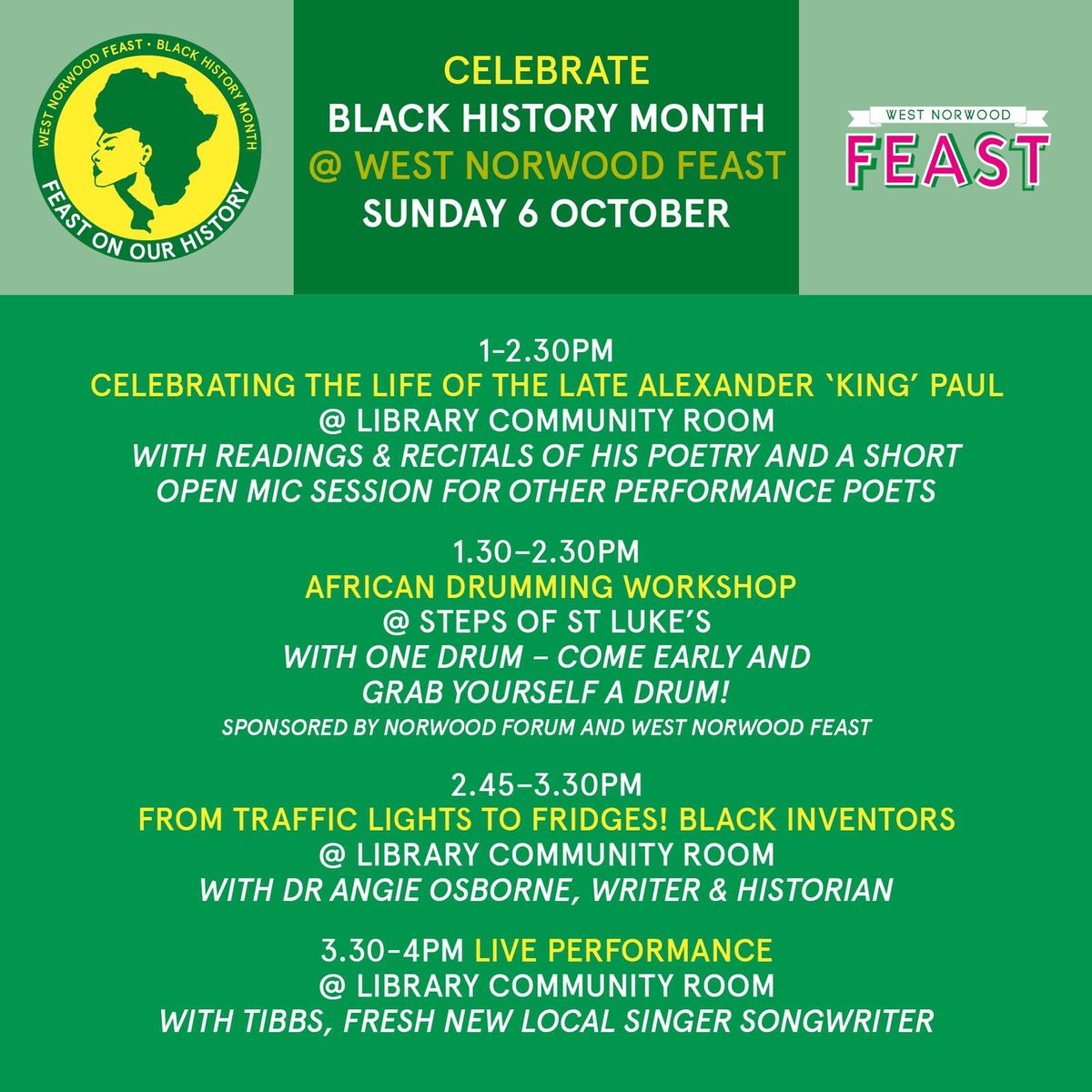 WN_FEAST's tweet photo. So much to share for #OctoberFeast: we’ll have drumming, spoken word and talks for #BlackHistoryMonth. Lots more info here on what’s coming up: https://t.co/NTrRfyr0NA #westnorwood #communitymarket @angburger27 @AbassOneDrum https://t.co/iTUL8WIc67