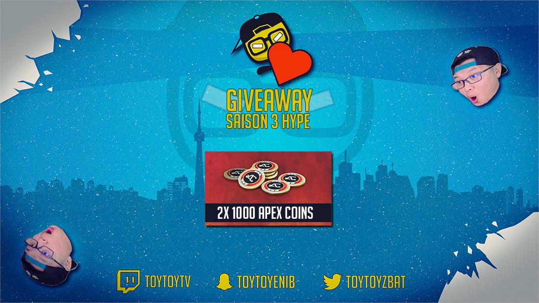 ToyToyZbat's tweet image. Giveaway 2x1000 Apex Coins pour le lancement de la saison 3 de @PlayApex 

🔔Tirage le Dimanche 6 Septembre 2019 a 00h00 (CEST) 🔔

gleam.io/LBzwr/2x-1000-…

#twitch #stream #giveaway #apexlegends