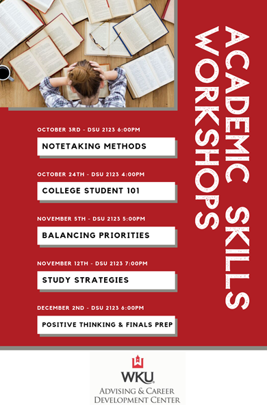 WKUExploratory's tweet photo. Don't miss @WKUACDC's Academic Skills Workshops starting on October 3rd! Attend one or more of these one-hour workshops to ensure your academic success this fall. https://t.co/tVra0KN725