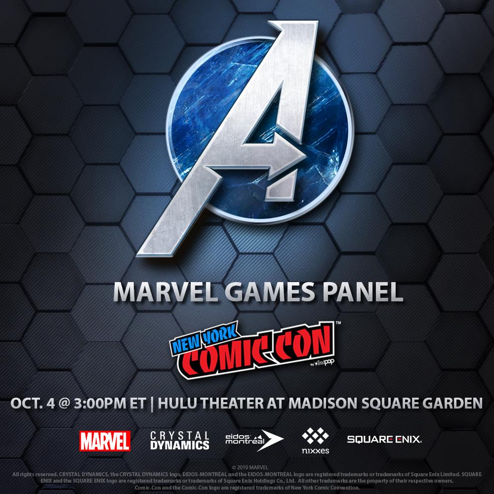 An image featuring blue, textured hexagons in the background, and the large Marvel's Avengers "A" placed prominently in the foreground. The New York Comic Con Logo is beneath large text that reads "Marvel Games Panel" and continues with "Oct. 4 @ 3:00PM ET | Hulu Theater at Madison Square Garden"