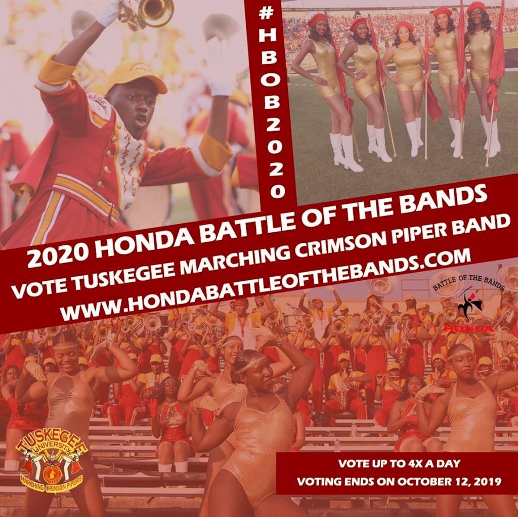 KKreativeNOTES's tweet photo. Oh it’s that time of YEAR - Vote for your favorite HBCU Band (@TuskegeeUniv OF COURSE ♥️💛) to attend the 2020 Honda Battle of the Bands. #MCP🥁 #SkegeeAlum #JamPipersJam https://t.co/Tlun3Qgdmd