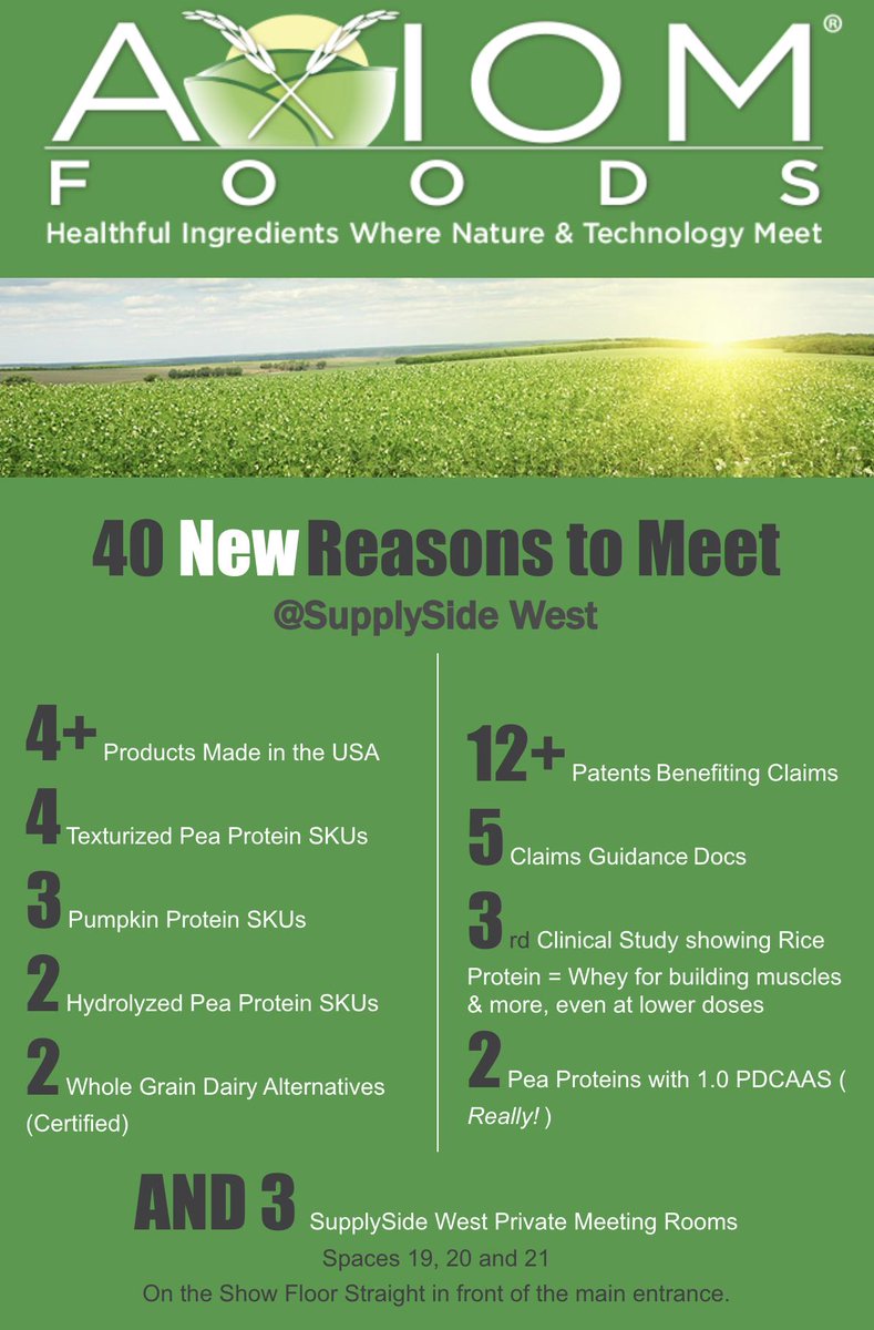 AxiomFoods's tweet photo. New #plantprotein #ingredients at @SupplySide West. Schedule a meeting w/us for Oct 17-18 via info@axiomfoods.com or reach out to your representative with scheduling requests, questions and sample requests.
#ingredients #protein #riceprotein #peaprotein #SSW #pumpkinprotein https://t.co/WyUU5rhl3P