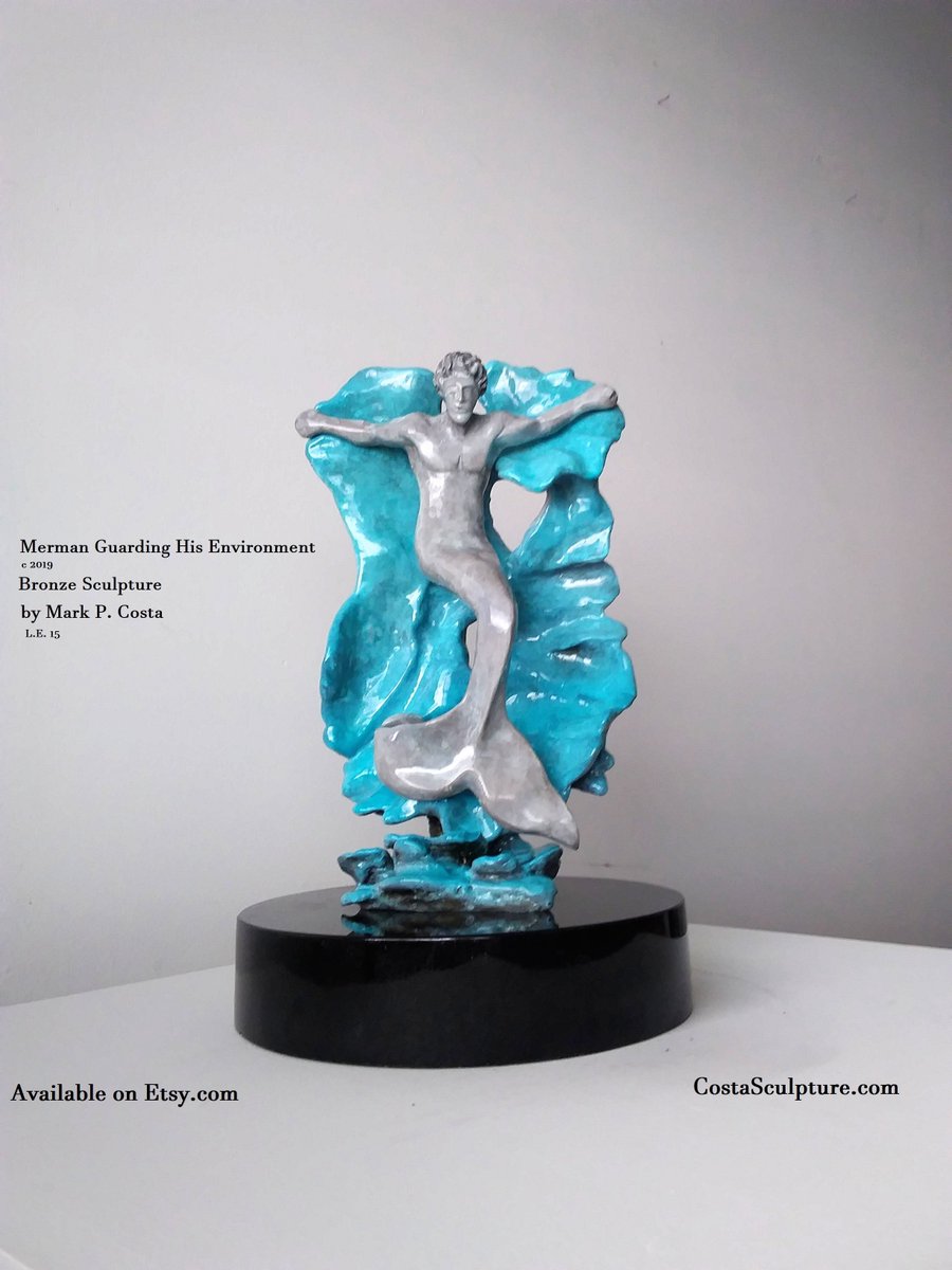 Finished my bronze #sculpture titled Merman Guarding His #Environment. just did the photo session,  He is holding on to his #coral #reef & #reef demise.  #climatechangeisreal and is warming our oceans, killing our coral. #scubadiving, #scuba,#mermaidgift,#mermaidart, #art,#ocean