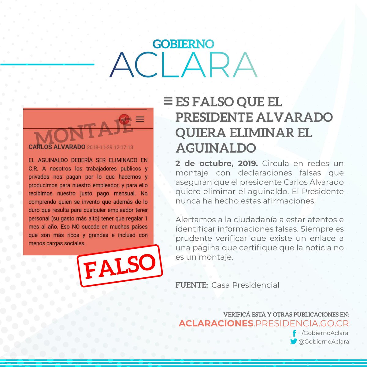 gobiernoaclara's tweet photo. #GobiernoAclara Es falso que el presidente @CarlosAlvQ quiera eliminar el aguinaldo. El Presidente nunca ha hecho estas afirmaciones. 

https://t.co/umlBiSWBLs https://t.co/nPRiPRdsFg