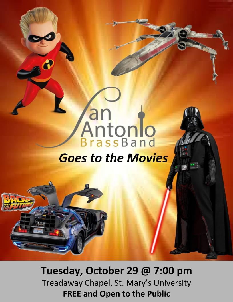 Our 3rd Concert Season begins with music from the sliver screen on Oct 29 <a href="/StMarysU/">St. Mary's University</a> Guadalupe Chapel with Soloists Erin Thomas, cornet and Joseph Ledesma, flugelhorn. #sabb #brassband mailchi.mp/0004d6c0fb43/s…