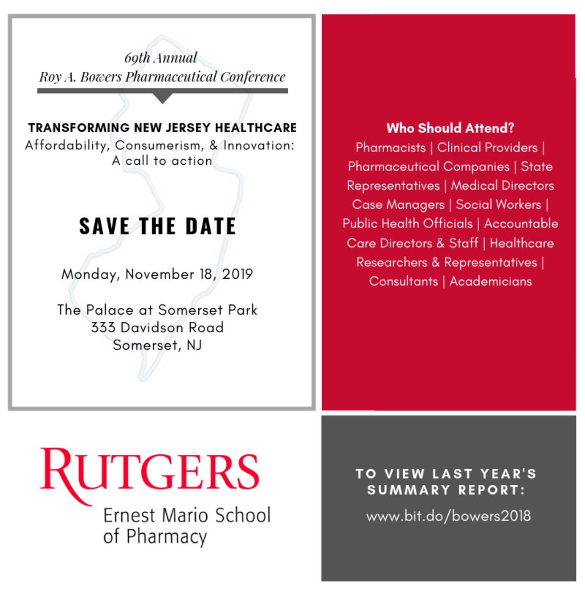 BowersConf's tweet photo. We are pleased to announce that The Roy A. Bowers 69th Annual Rutgers Pharmaceutical Conference will be held on Monday, November 18th, 2019 in Somerset, NJ. https://t.co/Y5Pa8MwLOq https://t.co/Z2uFUwIs2P