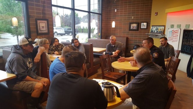 GrandRapidsPD's tweet photo. #CoffeeWithACopDay started in 2016, on the first Wednesday in October. We continue the tradition in Grand Rapids. Thank you for those who came out to drink coffee & connect. Special thanks to #Starbucks and @arniesbakery for their fantastic support #GRcommunityforce https://t.co/KQpP1OaXRD
