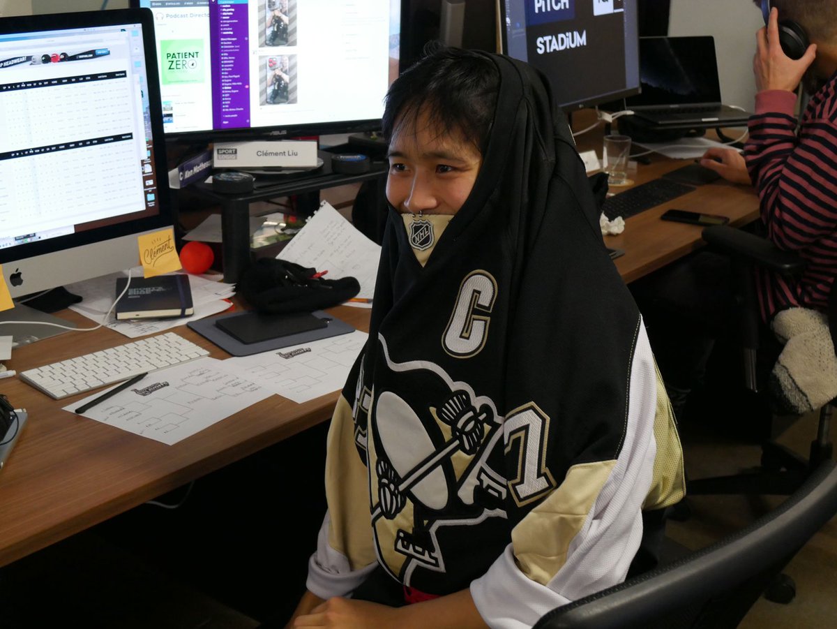 Sportlogiq's tweet photo. To celebrate the start of the NHL season, we had a "Jersey Day" at Sportlogiq. The goal was to get everybody to wear their most unique jersey (from any sport). Here's a look, see any that stand out? https://t.co/7tksfFZCti