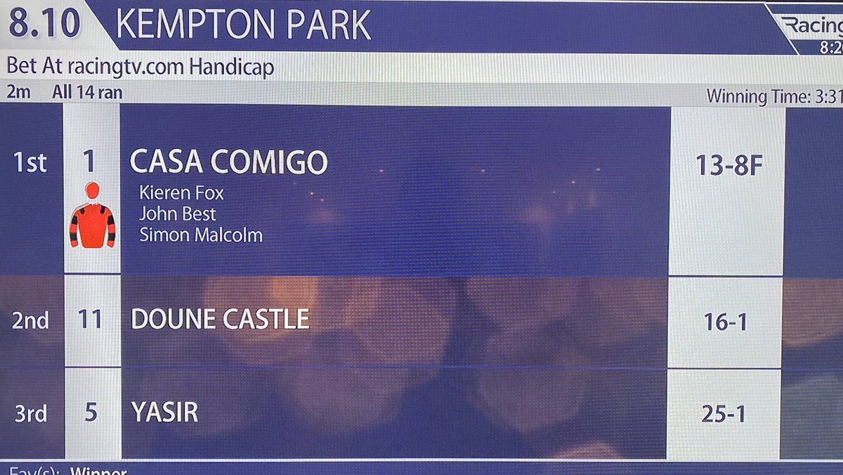 simonmalcolm's tweet image. Hat trick for Casa Comigo! Another win tonight, his first at Kempton. 3 in a row and 4th of 2019. Thanks as always to @johnbestracing and another cool ride by @kierenfox