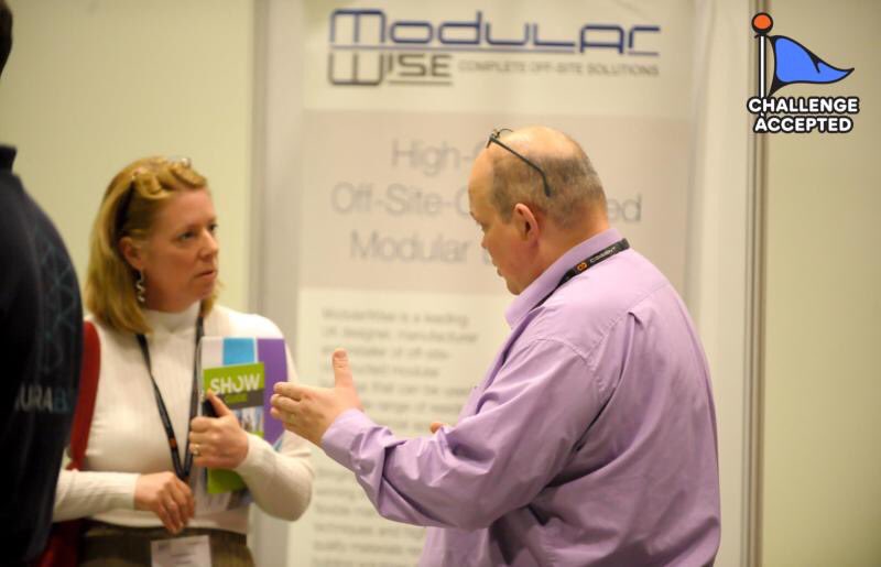 Our  Business Development Manager, Mike Rutland (me) discussing volumetric modular construction and potential planning constraints with, you guessed it, a planning officer at last week’s #OffsiteExpo at the Ricoh. #mmc #AMC  #placesforpeople