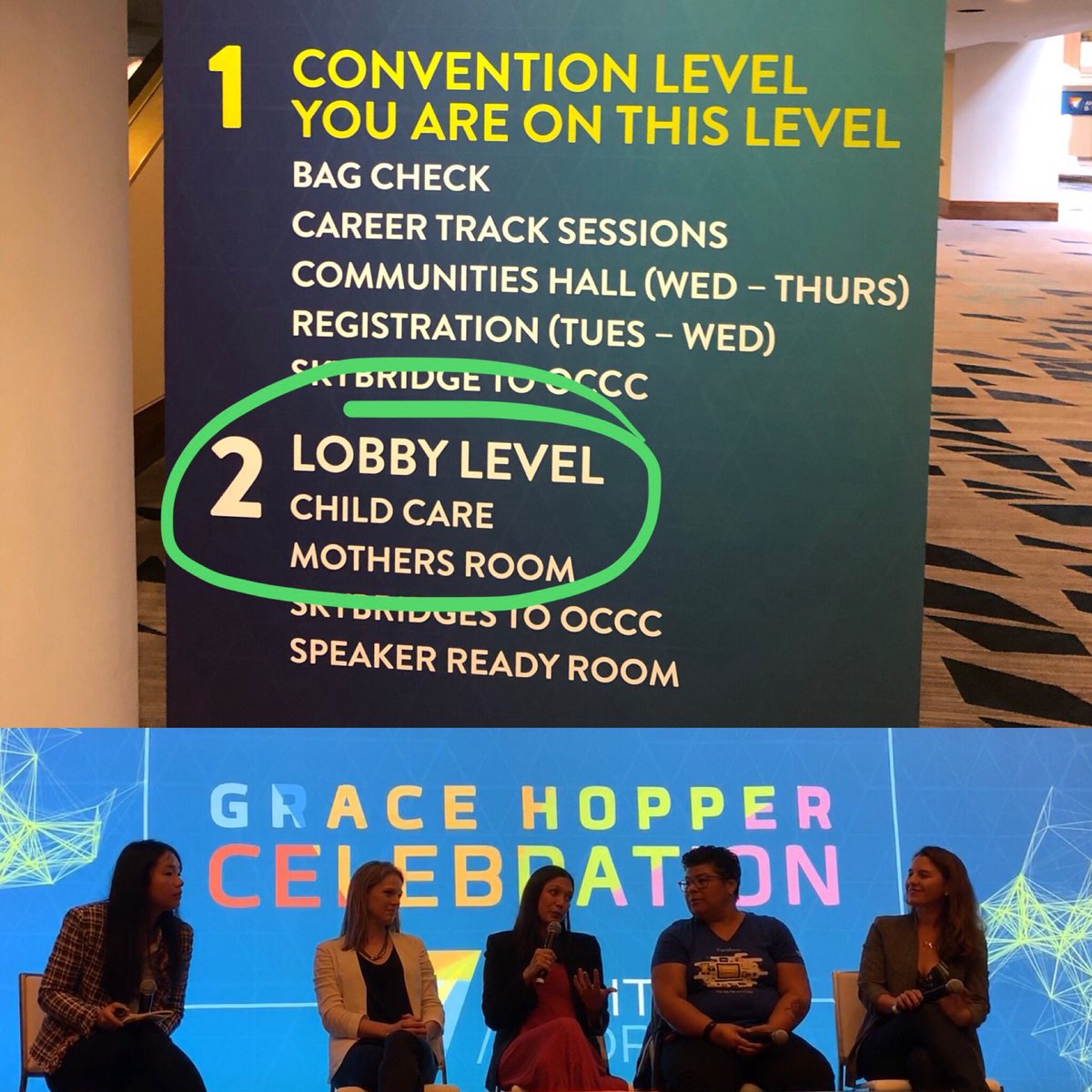 First time at Grace Hopper and was blown away by the amazing women I met and had the honor of sharing the stage with <a href="/pattydingle/">Patty Dingle (she/her)</a>, <a href="/AnneCocquyt/">Anne Cocquyt</a>. Proud to rep <a href="/eventbrite/">Eventbrite</a> and share some of our learnings. Come say hi at our booth! And every conf needs childcare/mothers rooms #GHC19