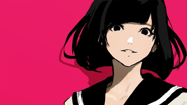 1girl solo black hair black eyes simple background pink background black sailor collar  illustration images