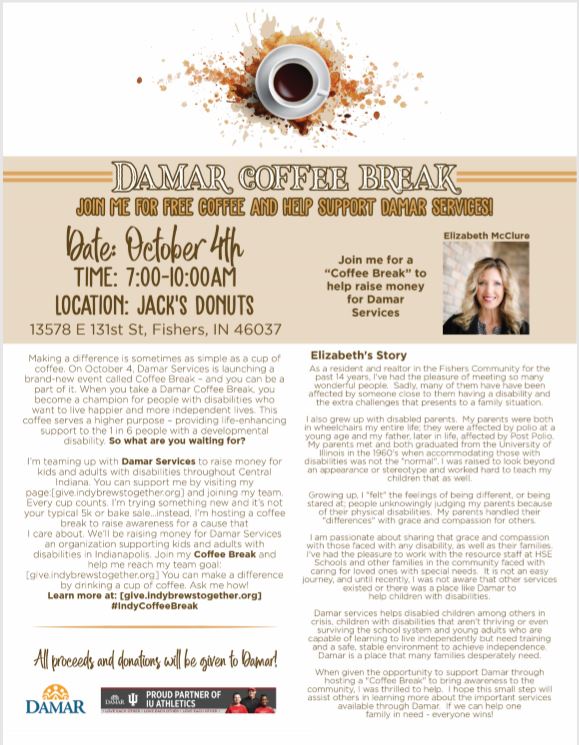 Join Elizabeth McClure and RE/MAX Complete at the Jack's Donuts @ Saxony in Fishers this Friday Oct 4th between 7 - 10 am to learn more about the amazing services offered by DAMAR to families with special needs! Join us and donate! #remaxcompletecares #specialneeds #damar