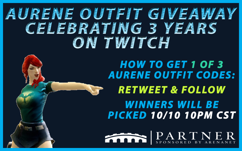 AngryZorric's tweet photo. Still celebrating 3 years on Twitch with this Aurene Outfit Giveaway on Twitter! Chance for you to win 1 of 3 codes!

To Enter: Retweet and Follow @AngryZorric
Giveaway Ends: October 10th at 10pm CST

Sponsored by @ArenaNet 
#GW2 #GuildWars2 #IcebroodSaga #twitch https://t.co/hveKFJHm8e