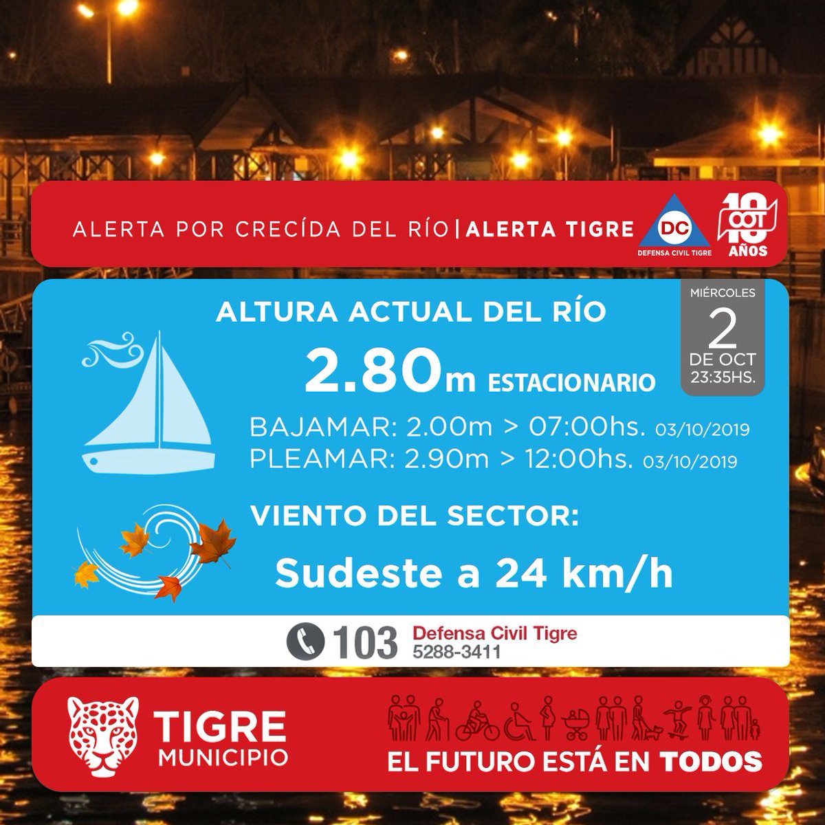 AlertaTigre's tweet photo. #DCTigre informa. ALERTA DE CRECIDA en 
@MunicipioTigre
 Dudas, consulta, emergencias? 
 ☎️ 103 
 ☎️ 5288-3411 
#COT https://t.co/cOvRsZlIRQ