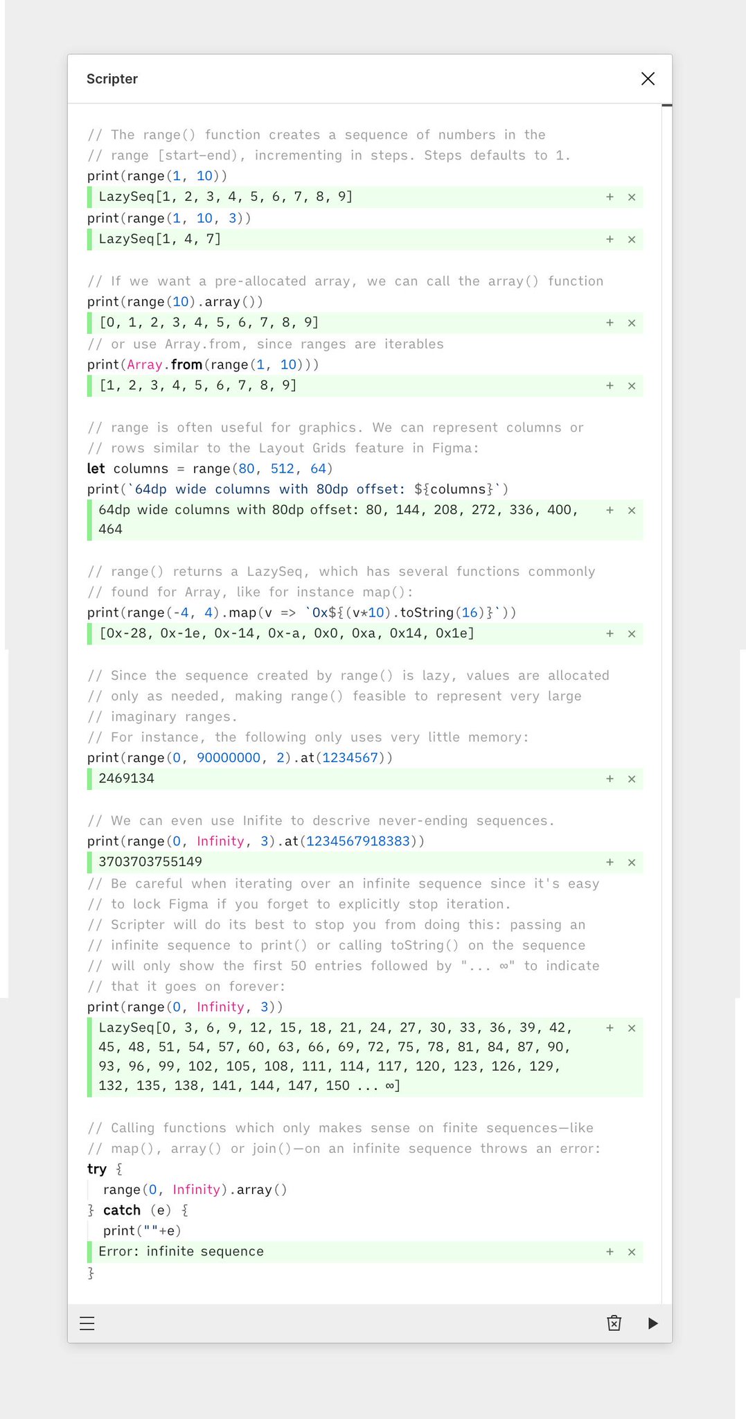 Rasmus Andersson Latest Version Of Scripter Adds A Few Useful Functions Like Range Which Represents Potentially Infinite Ranges In A Lazy Manner Similar To What You Might Be Familiar With In