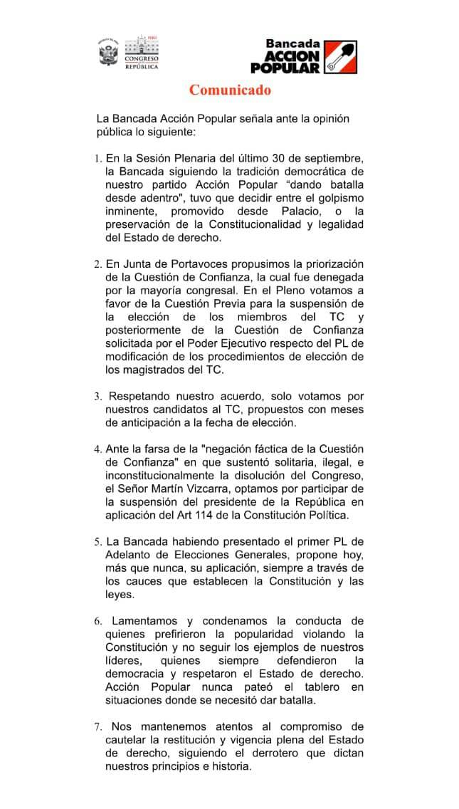 yonhy_lescano's tweet photo. Como ex congresista de Acción Popular y conforme a la clara posición mayoritaria de mi partido RECHAZO el comunicado de la exbancada de mi partido porque no responde a los intereses sagrados del Perú ni a la lucha contra la corrupción. Viva el Perú, abajo la corrupción. https://t.co/5dXgIoHzbE