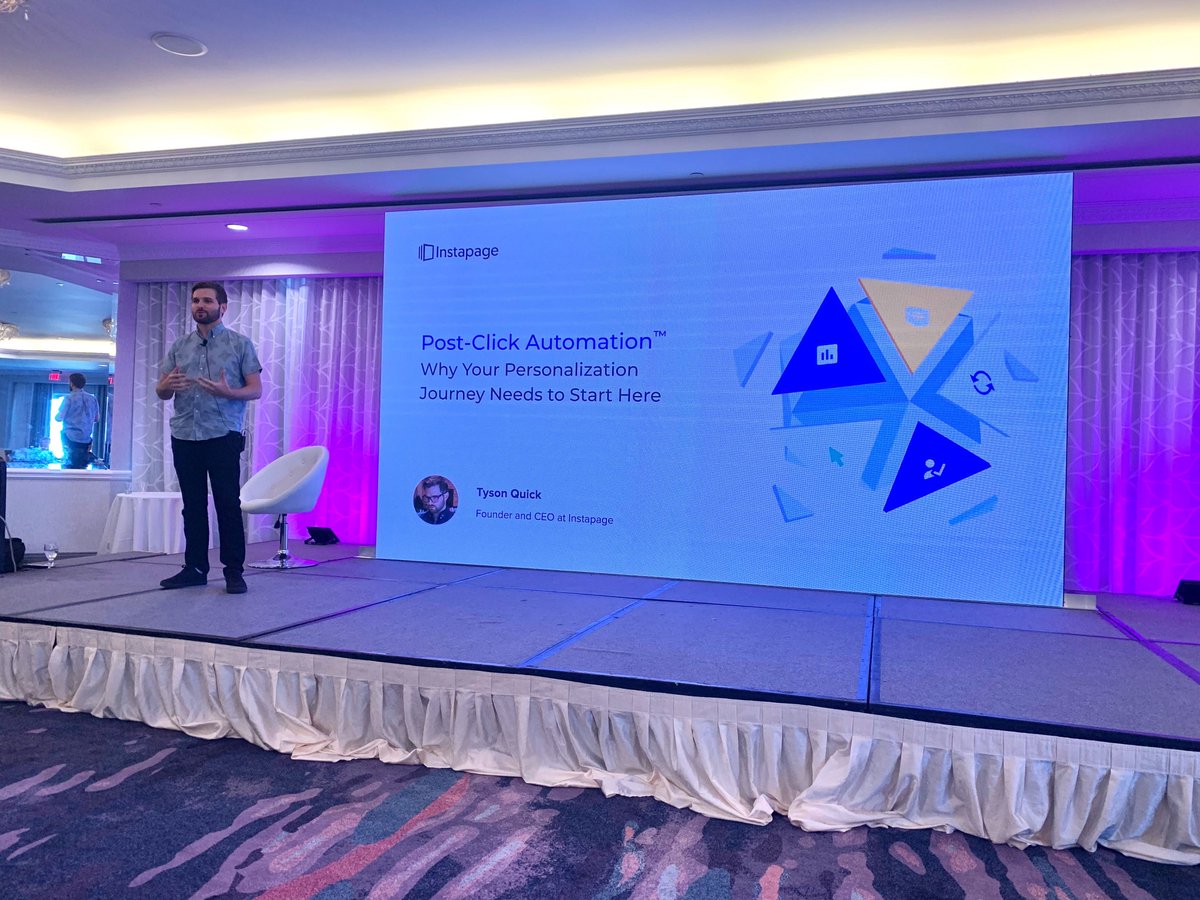 Instapage's tweet photo. Our CEO, @TysonQuick just delivered a speech on the @PzationOne stage about sending ads to relevant post-click experiences that can create a positive brand impression and help you earn higher conversions. Did you get the chance to see his presentation? #personalization #postclick https://t.co/11gSTbaBdx