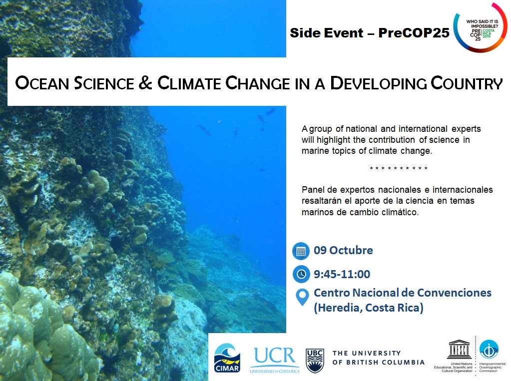¿Estarás en la #preCOP25 la próxima semana? El miércoles 09 participaremos en el evento de Ciencia Marina y Cambio Climático en Países en Desarrollo. ¡Te esperamos! #ucrpresente #climatechange #marinescience #oceanscience #knowyourocean #QuienDijoQueEsImposible
