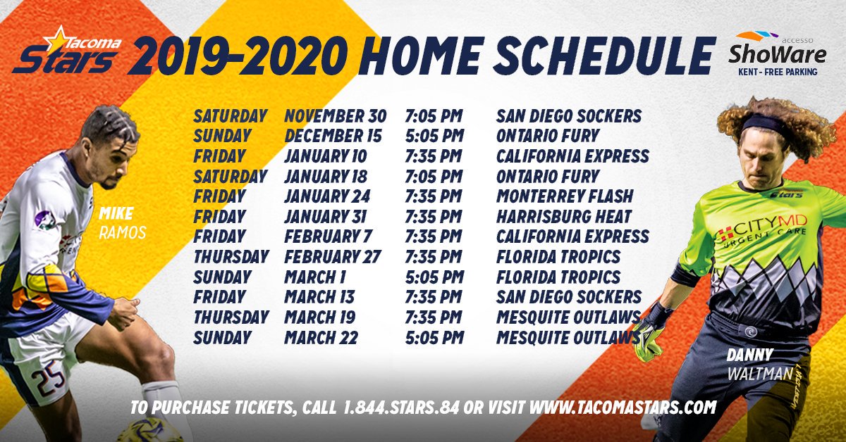 TacomaStarsSC's tweet photo. Save The Dates!! Our 2019-2020 Season schedule has been announced, so you've got plenty of time to plan your schedules around Stars games this season. It's almost time Stars fans!🌟⚽️
https://t.co/91aDP6UpJb
#tacomastars #starssoccer #masl #indoorsoccer #tacoma #kent #savethedate https://t.co/g0tC7tjpH7