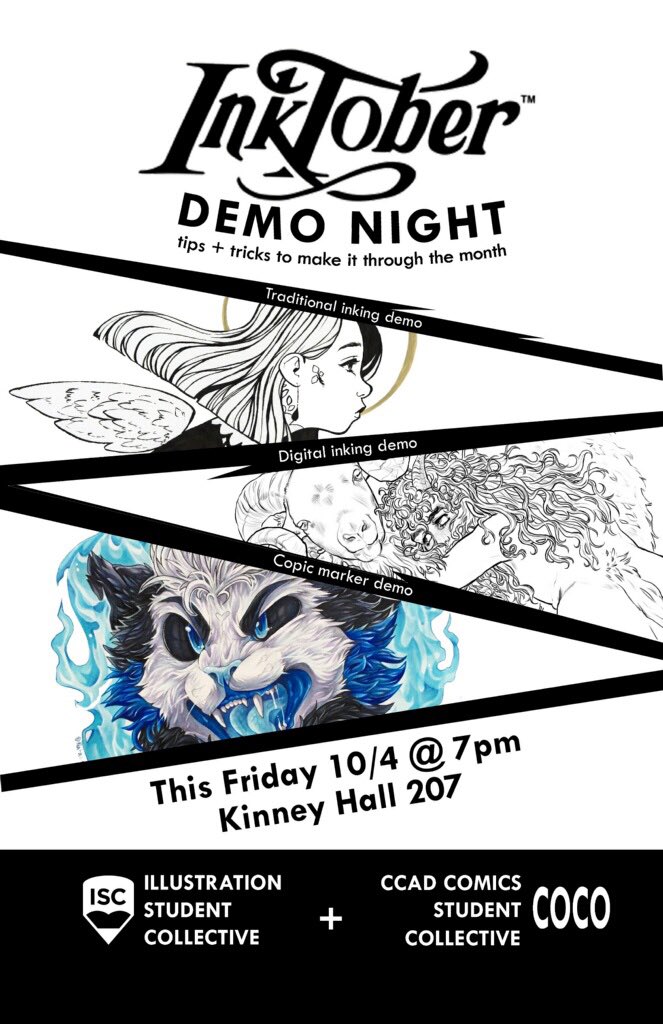 CCADISC's tweet image. Join us as we collab with Comics Collective for a Inktober demo night! Stop by and see some fellow students give you tips and tricks on making inktober art! We’ll be in Kinney Room 207 at 7pm! Make sure to bring supplies to draw with! See you then!