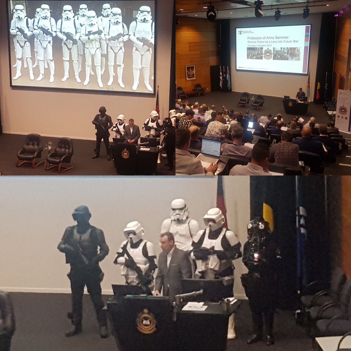 The highly anticipated @ADC_Australia #ProfessionOfArms seminar on #sciencefiction and the future of war is off to a great start! #stormtroopers @WarintheFuture