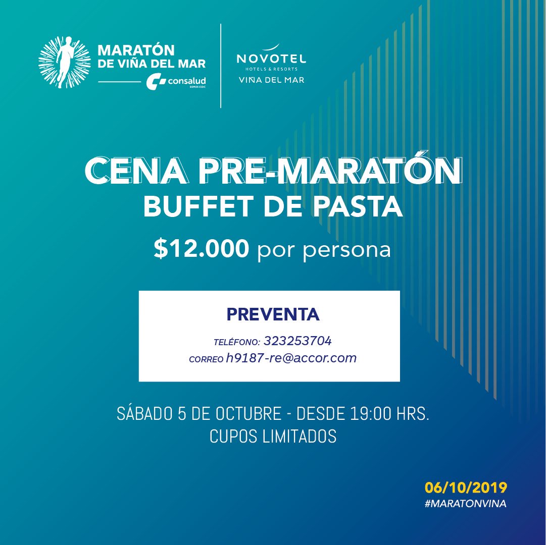 ¿Vas a participar en #MaratónViña? Participa en esta cena pre-maratón en Novotel Viña, el sábado 5 de octubre desde las 19:00 hrs.  Disfruta de:
✔️Buffet de pasta y salsas 🍝
✔️Estación de verduras parrilladas 🥗
✔️Frutas y postres 🥝 
✔️Bebidas naturales 🍹
✔️Café o infusión ☕️