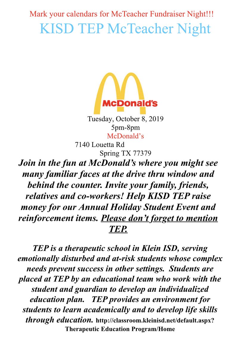 So excited to partner with ⁦<a href="/McDonalds/">McDonald's</a>⁩ to help raise money to help our #kleinfamily support the students ⁦@TEP_KISD⁩ Please join us and mention TEP. #KISDTeamSpedP2P ⁦<a href="/KleinISD/">Klein ISD</a>⁩ ⁦⁦<a href="/kleinisdpd/">Klein ISD Police</a>⁩