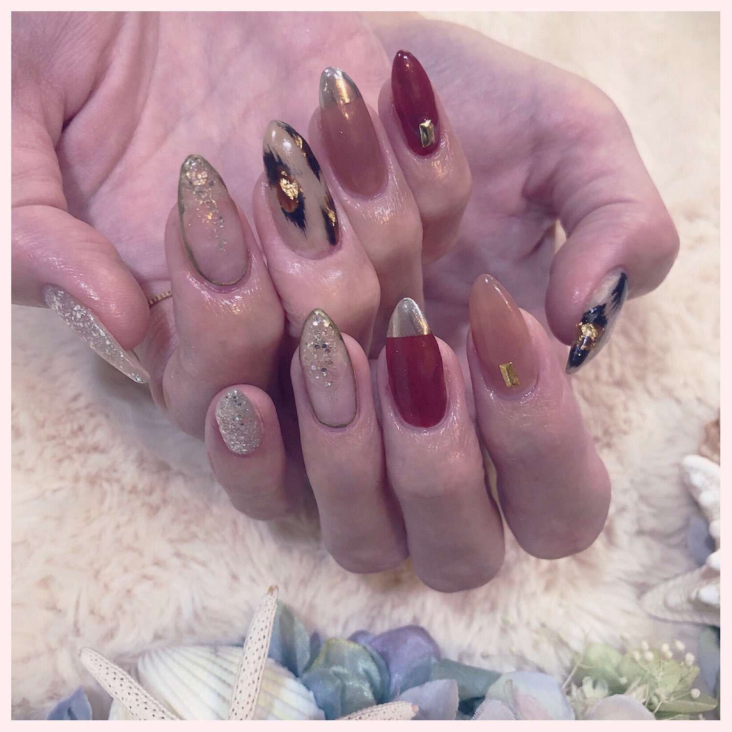 4nail レオパード クリア ミラーの秋ネイル 透け感 色味にとってもこだわりのあるお客様 くすみカラーはお好みのものを作りました 京王堀之内ネイルサロン オフ ジェルスカ長さ出し アートやり放題 京王堀之内ネイル 南大沢ネイル 多摩