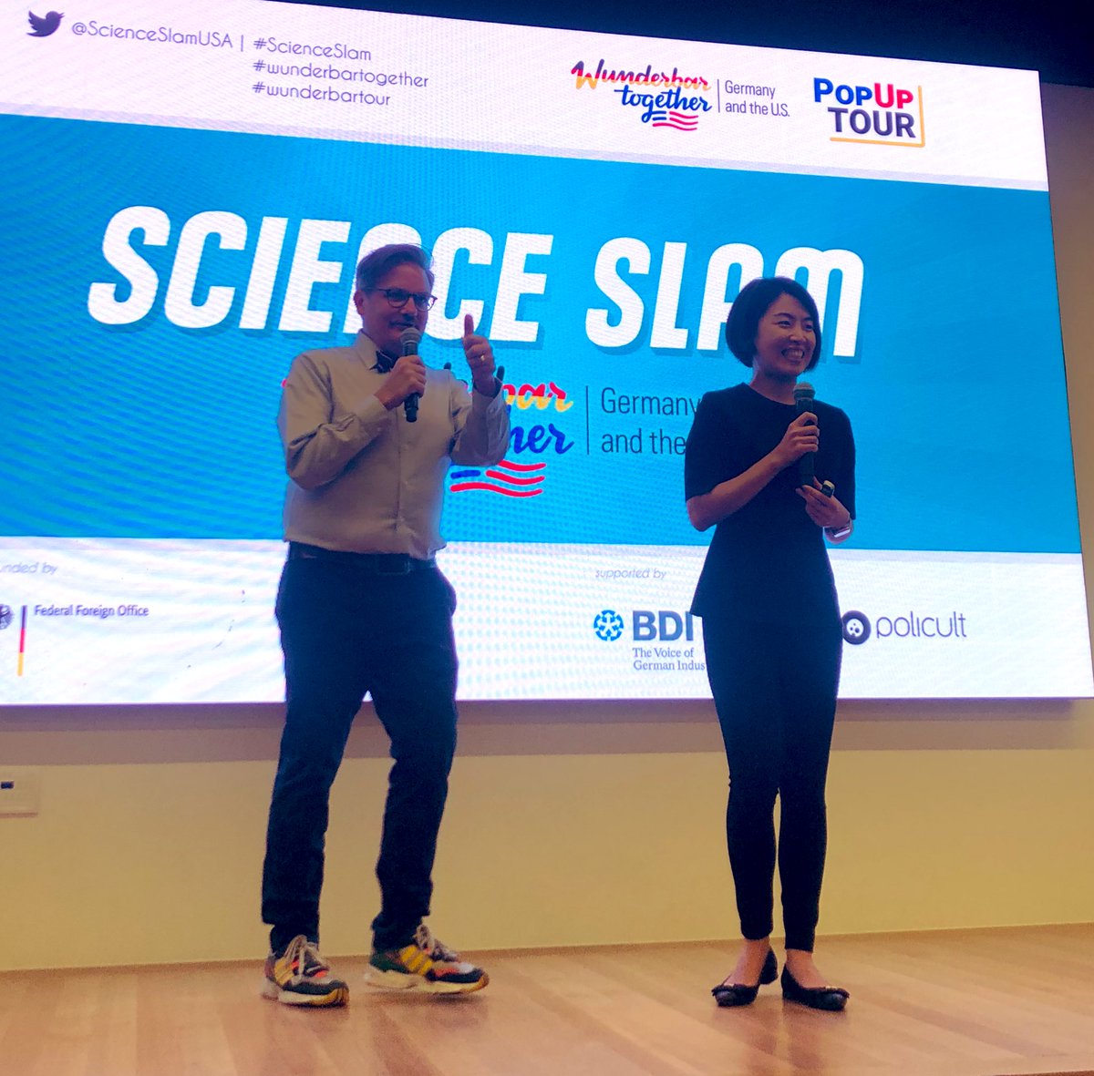 ScienceSlamUSA's tweet photo. First speaker at the #ScienceSlam #StLouis is @cs_biotech from @Bayer talking about how the #CRISPR technology can be compared to finding the right coffee. @wunderbar2gethr #wunderbartogether https://t.co/N9GH42j27L