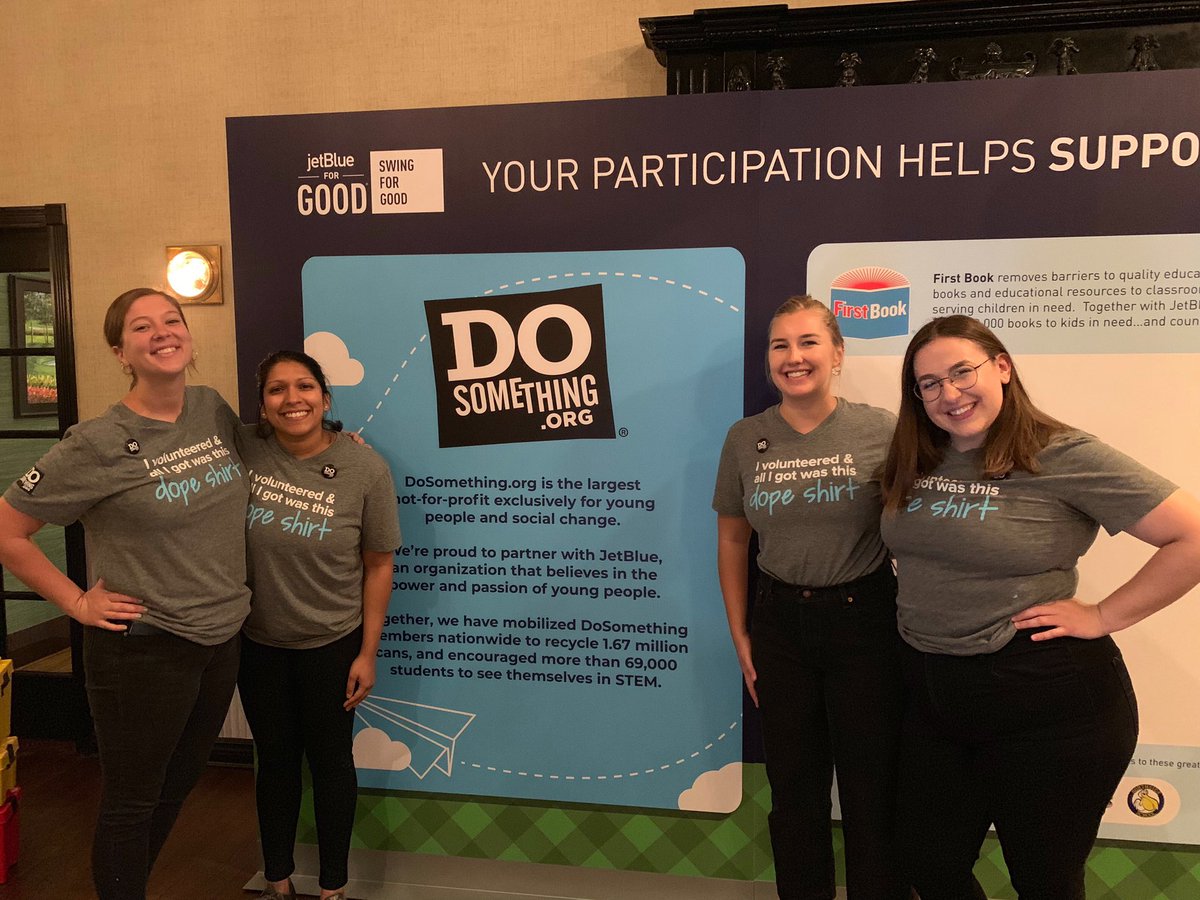 dosomething's tweet photo. Hey, @JetBlue! Thanks for having us at the #SwingForGood event today! We had an amazing time making paper airplanes with golfers to celebrate #STEM... and working on our golf swing (for good). We’re pretty much pros now!🏌️♀️ #JetBlueForGood https://t.co/zvGZdzpe85