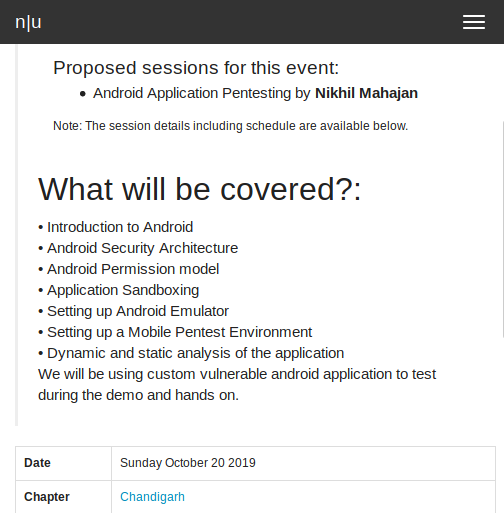 ChdNull's tweet photo. Our upcoming meetup on "Android Application Pentesting" by @mahajan344 at @ChdNull has been announced. 
Register yourself by clicking on the RSVP button to learn Android Application Pentesting.

Registration Link: https://t.co/v4SEYRUeZB 

#Android #Pentesting https://t.co/zD61km2wjj
