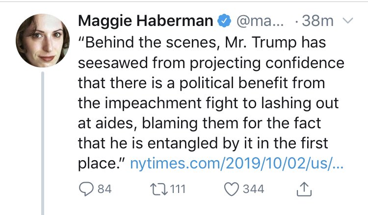 40/ The tweet below by Haberman follows Trump Blitztweets today at Dems regarding Ukraine. There is nothing in the tweet that anyone sitting in a basement can't think of on their own.
