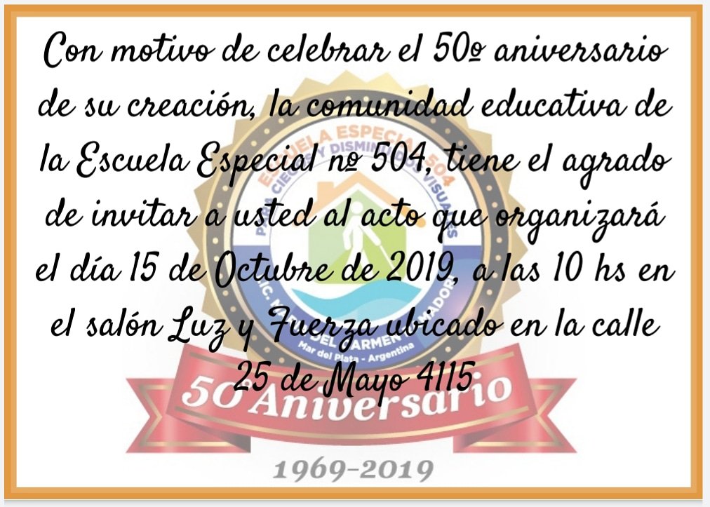 La escuela especial N°504 de ciegos y disminuidos visuales de #MardelPlata cumple #50años y queremos festejarlo con toda la comunidad. Los esperamos!!! <a href="/gzinny/">Gabriel Sánchez Zinny</a> <a href="/jp_eviner/">Juan Pablo Eviner</a> <a href="/arroyocf/">Carlos Fernando Arroyo</a>