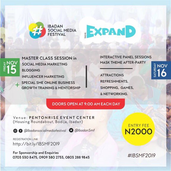 Ibadan247's tweet photo. To register: https://t.co/pN0OGdm4Bu

It is a fully packed event.

The event is powered by VOZEMPIRE Media, UNPAULISHED Media &amp; CONNECT IBADAN. It‘s fully endorsed by the Oyo State Government.

For sponsorship &amp; enquiries, 07035308475 or Email: ibadansocialmediafestival@gmail.com https://t.co/oViYGVIohx