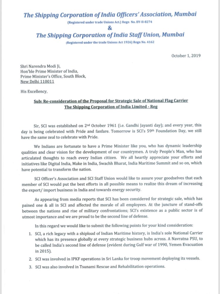 SCIOA1's tweet photo. Letter submitted to PMO office for re-consideration of proposal for #strategicsale #disinvestment of Shipping Corp of India Ltd, Navratna PSU @PMOIndia @SecyDIPAM @FinMinIndia @shippingcorp @shipmin_india @narendramodi @LabourMinistry @nsitharaman @IndiaNcoa @MazdoorSangh https://t.co/MCoRSY5PTM