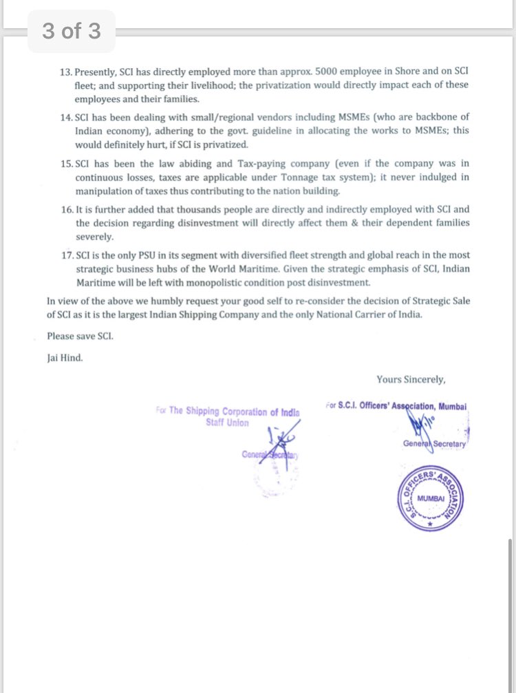 SCIOA1's tweet photo. Letter submitted to PMO office for re-consideration of proposal for #strategicsale #disinvestment of Shipping Corp of India Ltd, Navratna PSU @PMOIndia @SecyDIPAM @FinMinIndia @shippingcorp @shipmin_india @narendramodi @LabourMinistry @nsitharaman @IndiaNcoa @MazdoorSangh https://t.co/MCoRSY5PTM