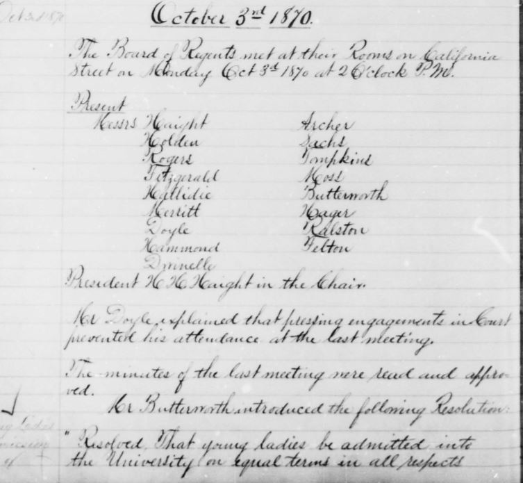 CalBearsHistory's tweet photo. On October 3, 1870, the Regents of the University of California unanimously adopted this resolution: "Resolved, that young ladies be admitted into the University on equal terms in all respects with young men." Below: the minutes of that meeting. (Thank you to @WomenatCal150!) https://t.co/iblcwyjg7m