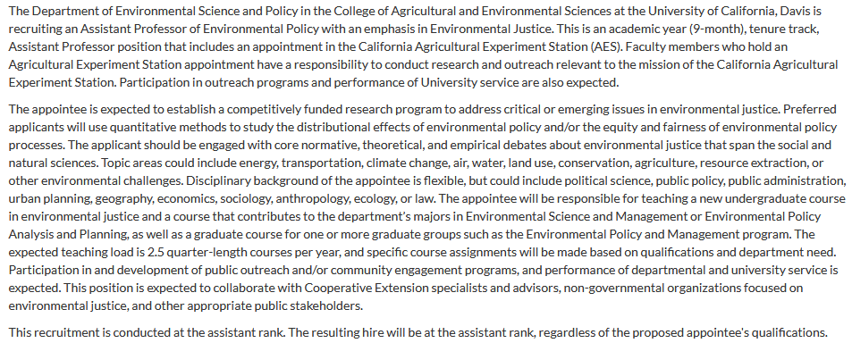 #UCDavis is hiring an environmental justice assistant professor in my department. The recruitment link is now live:  recruit.ucdavis.edu/JPF03187. Spread the word! Apply!