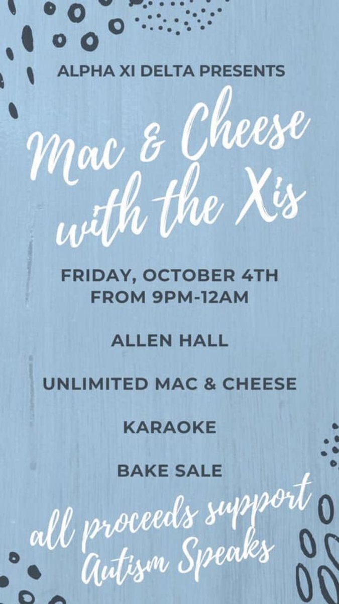 stetsonaxid's tweet photo. Help us support our amazing philanthropy this Friday with endless Mac n cheese!💙💛 https://t.co/aFVzpiukRG
