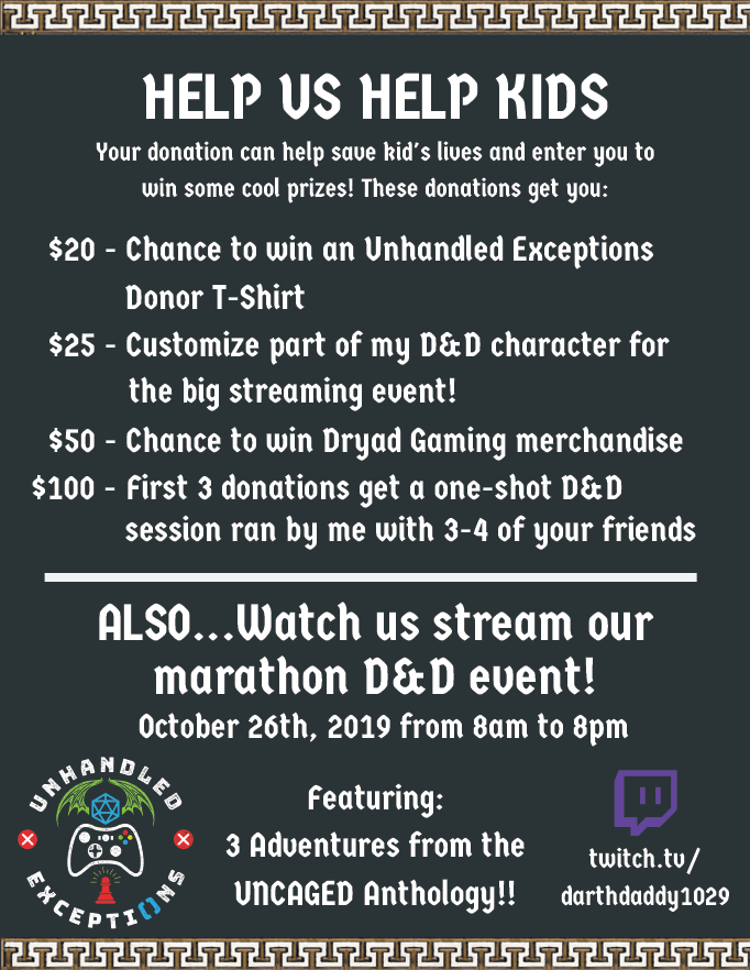 dan_burd's tweet photo. As we enter the last month of @ExtraLife4Kids, we are kicking up the incentives as well! Check out our live streaming event on October 26th on my Twitch stream! Contribute to my character for the event or a little more for a chance to win some @DryadGamingCo merch. https://t.co/b3Rv33jYEl