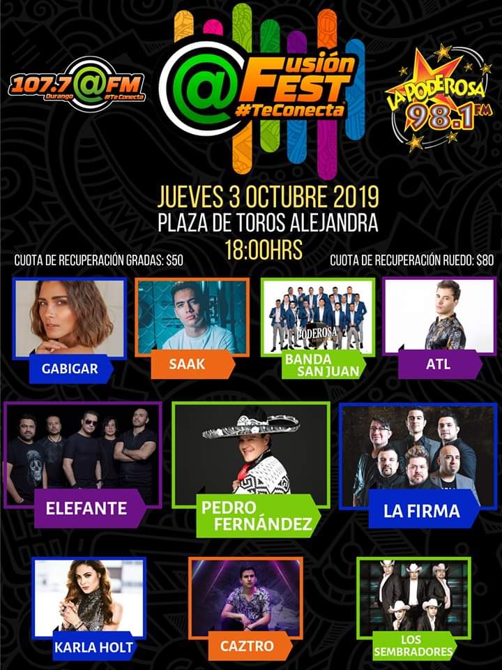 FMDurango's tweet photo. ⚠FUSION FEST llega a Durango⚠
📆Jueves 3 de Octubre 
⏰18:00hrs.
📍Plaza de Toros Alejandra
@saakmusic @poderosabandasanjuan @atlgarza @elefanteoficial @pedro.fer @lafirmaoficial @karlaholtof @gabigarmusic  @yosoycaztro  @LOSSEMBRADORES3 https://t.co/TifAnBqlK9
