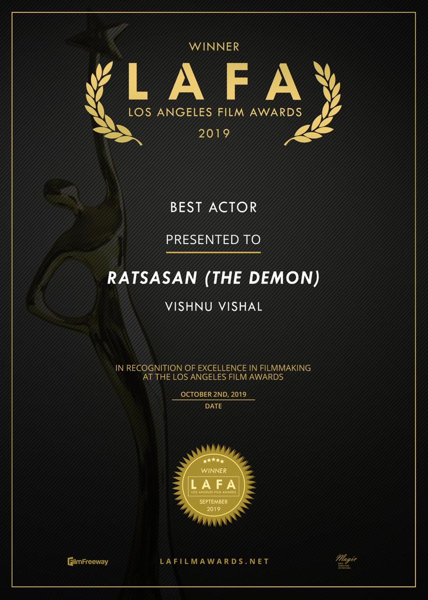 Proud and excited about winning the <a href="/lafilmawards/">LA Film Awards</a> for, ‘Best Picture’, ‘Best Thriller’ and ‘Best Score (Feature)’ ‘Best Actor’. Thank you all for your unconditional love and support! ❤

#Ratsasan <a href="/Dili_AFF/">Dili</a> <a href="/dir_ramkumar/">Director Ramkumar</a> 
@GhibranOfficial <a href="/TheVishnuVishal/">VISHNU VISHAL - VV</a>