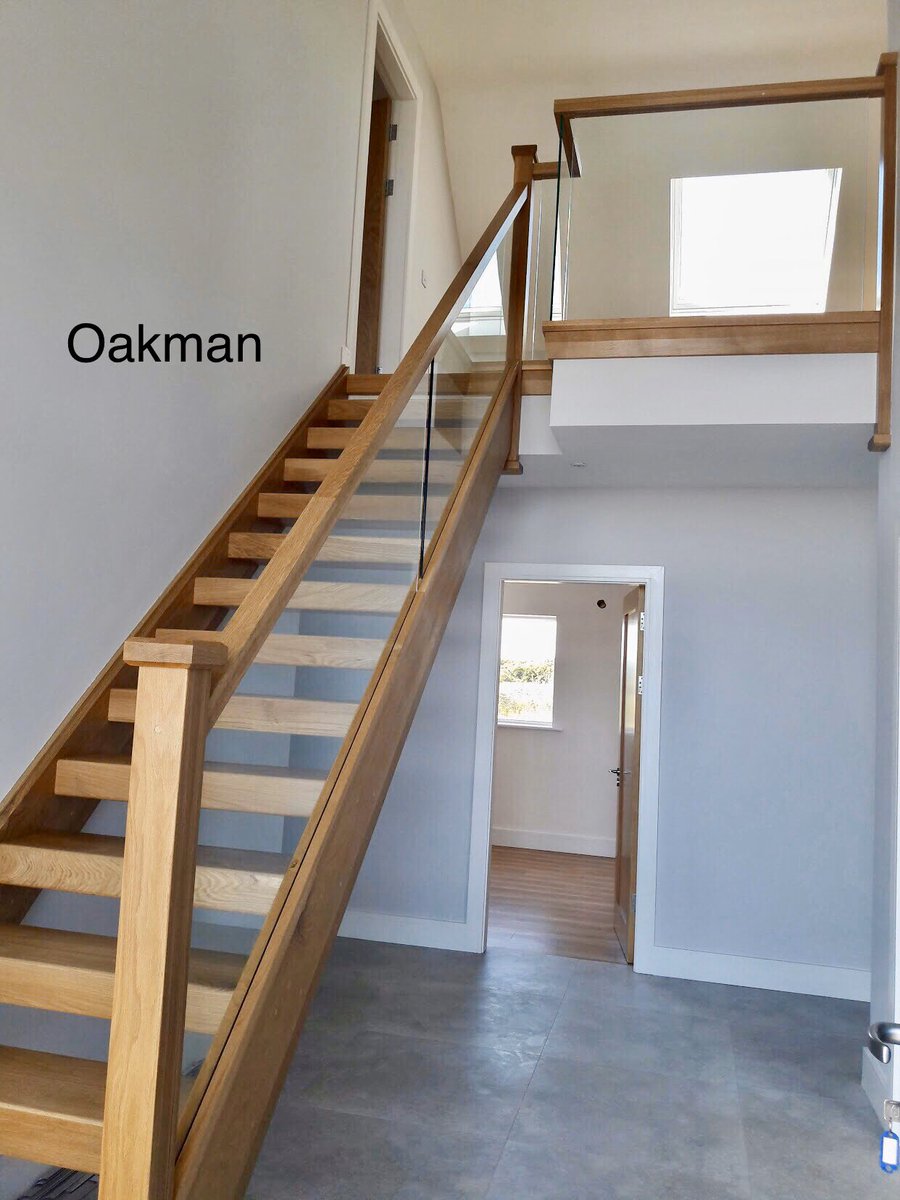 OakmanLtd's tweet photo. Modern open stairs with chunky steps and glass by Oakman #stairs #wood #glass #manufacturer #joinery #wexford #dublin #oakman https://t.co/MIfgZO2SdS