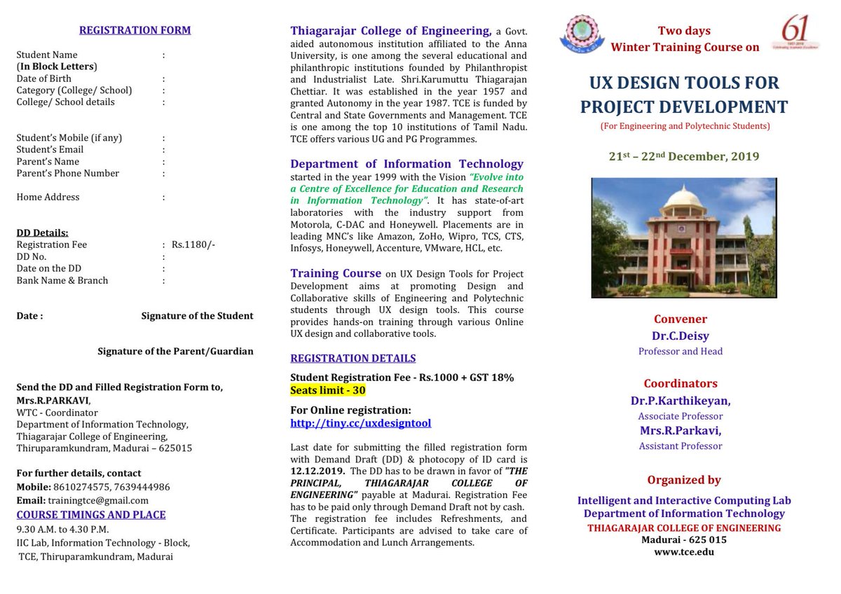 tceofficialpage's tweet image. Department of Information Technology organizes a Two-day Winter Training Course on 'UX Design tools for Project Development' on 21st & 22nd December 2019 #UXDesigntools #TCEWorkshop