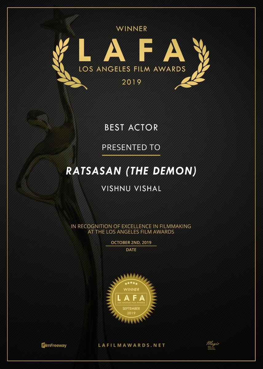ratsasan's tweet photo. Proud and excited about winning the @lafilmawards for, ‘Best Picture’, ‘Best Thriller’ and ‘Best Score (Feature)’ ‘Best Actor’. Thank you all for your unconditional love and support! ❤
#Ratsasan @Dili_AFF @dir_ramkumar 
@GhibranOfficial @TheVishnuVishal https://t.co/tRpUzB7CSl